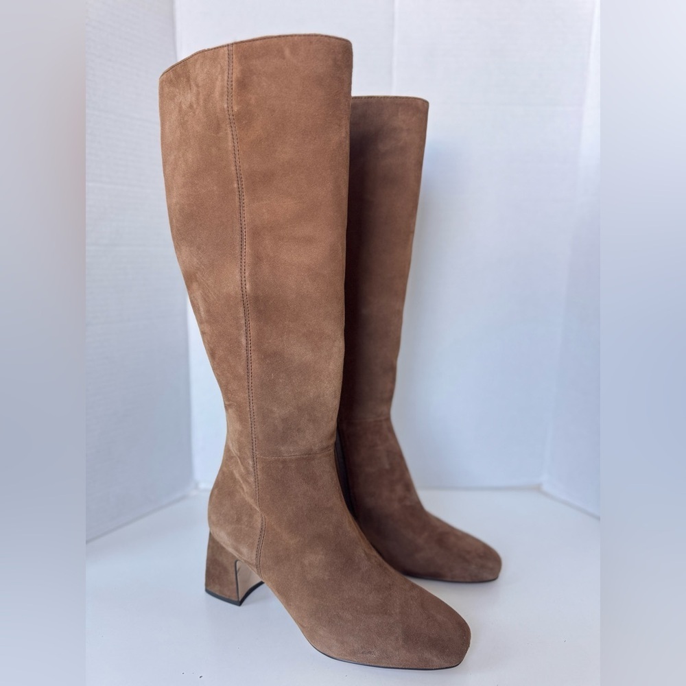 Cole Haan Grand Georgette Tan Leather Suede Tall Block Heel Boots Shoes Size 8